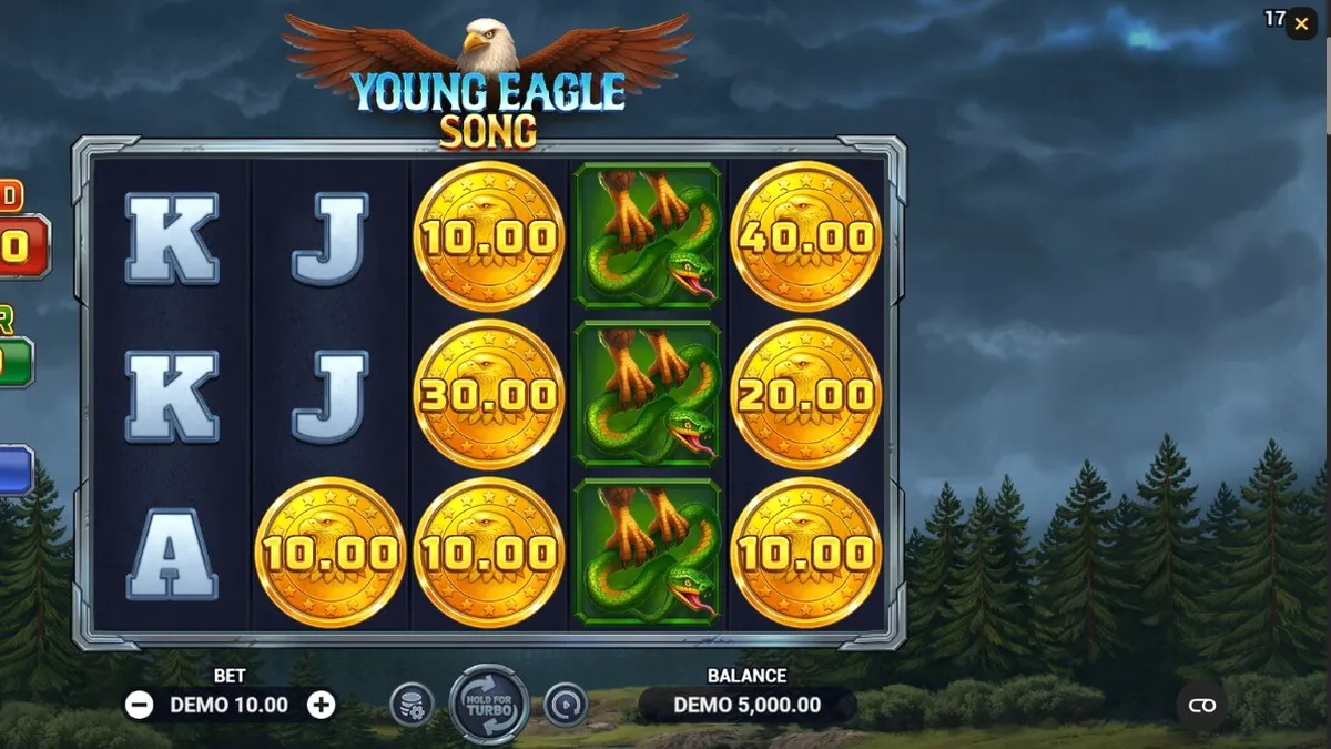 Tampilan visual slot Young Eagle Song dengan latar belakang hutan dan elang